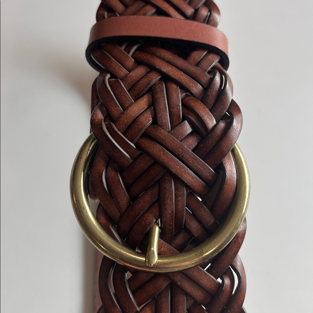 LOFT - M, Brown Leather Braided Belt with Brass Buckle